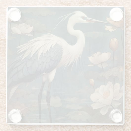  botanische scène blauwe kraan en lotus ook glazen onderzetter (Achterkant)