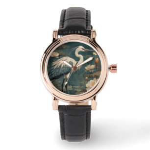  botanische scène blauwe kraan en lotus ook horloge