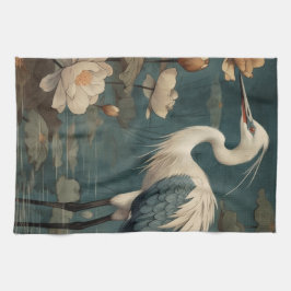  botanische scène blauwe kraan en lotus ook theedoek