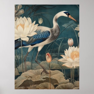 botanische scène blauwe kraan en lotus poster