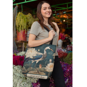  botanische scène blauwe kraan en lotus tote bag