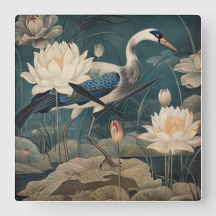  botanische scène blauwe kraan en lotus vierkante klok