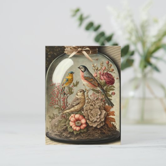  botanische scène in Glass Jar met vogels Briefkaart (Staand voorkant)
