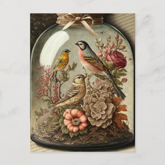  botanische scène in Glass Jar met vogels Briefkaart (Voorkant)