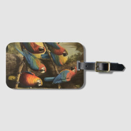  botanische scène kleurrijke papegaaien in een boo bagagelabel