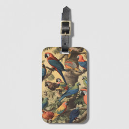 botanische scène kleurrijke papegaaien in een boo bagagelabel