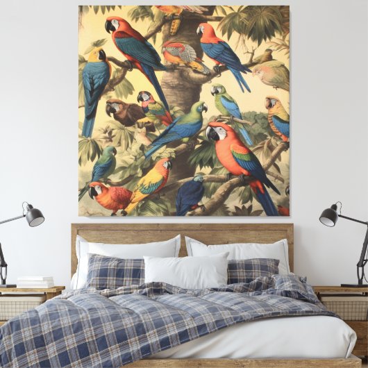  botanische scène kleurrijke papegaaien in een boo canvas afdruk (Insitu (Slaapkamer))