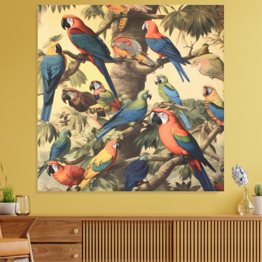  botanische scène kleurrijke papegaaien in een boo canvas afdruk (Insitu (Woonkamer))