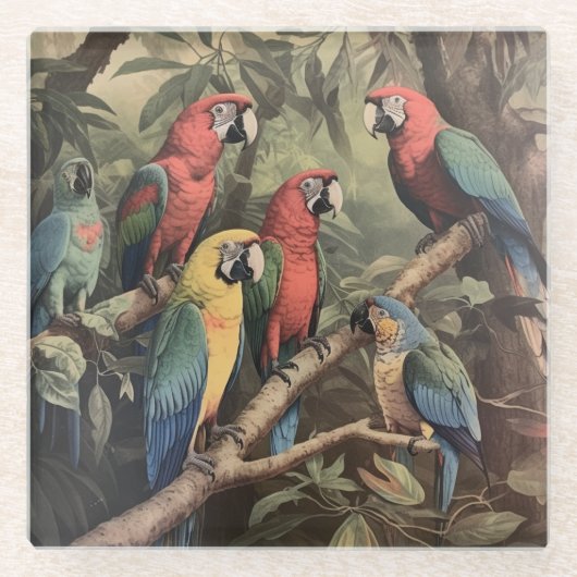  botanische scène kleurrijke papegaaien in een boo glazen onderzetter (Voorkant)