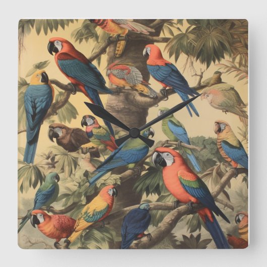 botanische scène kleurrijke papegaaien in een boo vierkante klok (Voorkant)