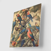  botanische scène kleurrijke papegaaien in een boo vierkante klok (Hoek)