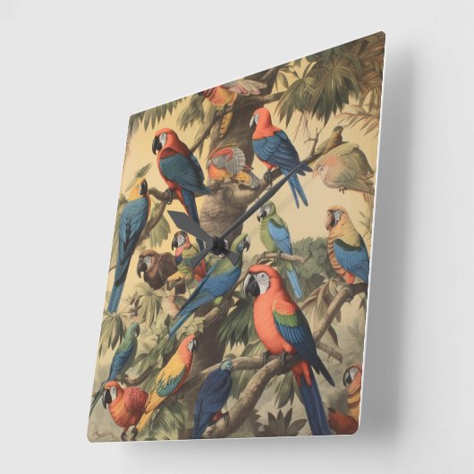  botanische scène kleurrijke papegaaien in een boo vierkante klok (Hoek)