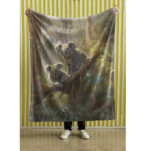 Botanische scène nieuwsgierige koala's in eucalypt fleece deken