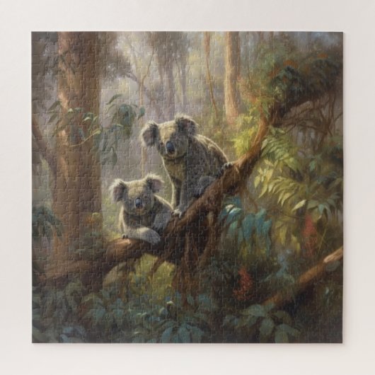 Botanische scène nieuwsgierige koala's in eucalypt legpuzzel (Verticaal)