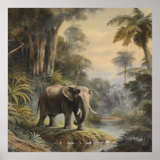  botanische scène olifant door oerwoud river poster