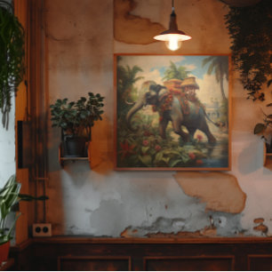 botanische scène olifant met howdah canvas afdruk