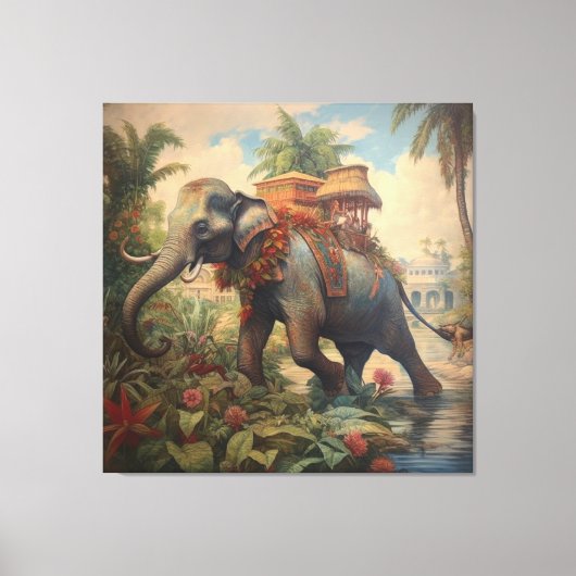  botanische scène olifant met howdah canvas afdruk (Voorkant)