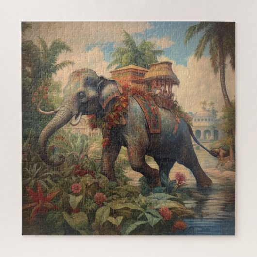  botanische scène olifant met howdah legpuzzel (Verticaal)