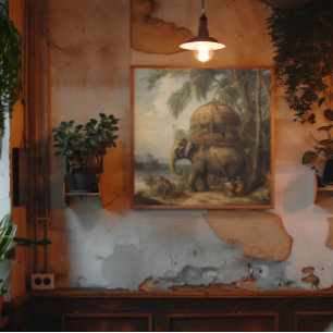  botanische scène olifant met howdah ook canvas afdruk