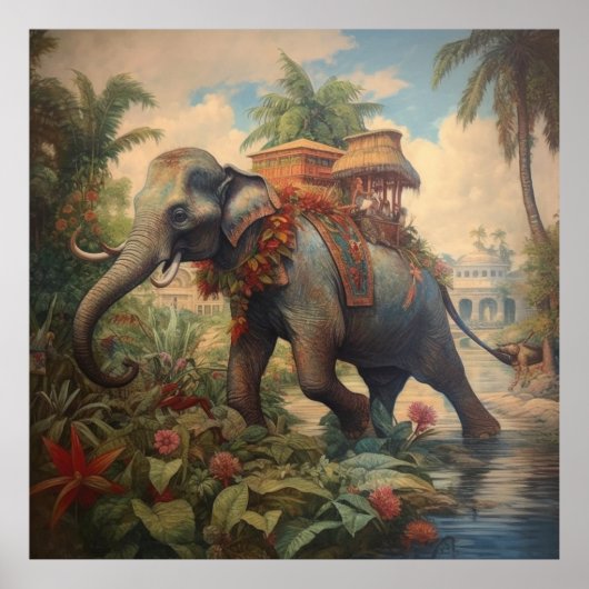  botanische scène olifant met howdah poster (Voorkant)