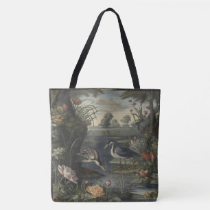 Botanische scène van blauwe kraanvogel bij een riv tote bag