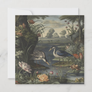 Botanische scène van blauwe kranen door een rivier