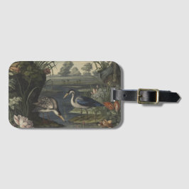 Botanische scène van blauwe kranen door een rivier bagagelabel