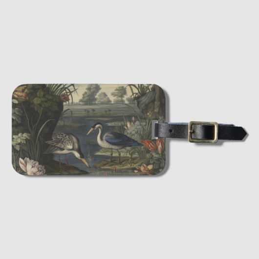 Botanische scène van blauwe kranen door een rivier bagagelabel (Voorkant (horizontaal))