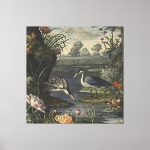 Botanische scène van blauwe kranen door een rivier canvas afdruk
