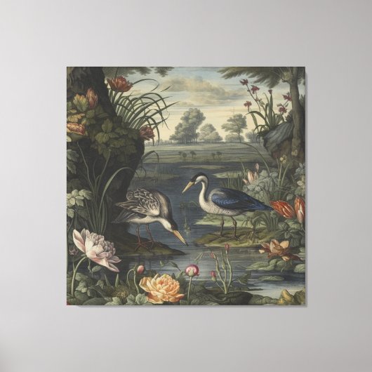 Botanische scène van blauwe kranen door een rivier canvas afdruk (Voorkant)