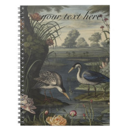 Botanische scène van blauwe kranen door een rivier notitieboek