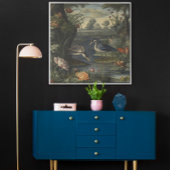 Botanische scène van blauwe kranen door een rivier poster