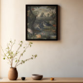 Botanische scène van blauwe kranen door een rivier poster