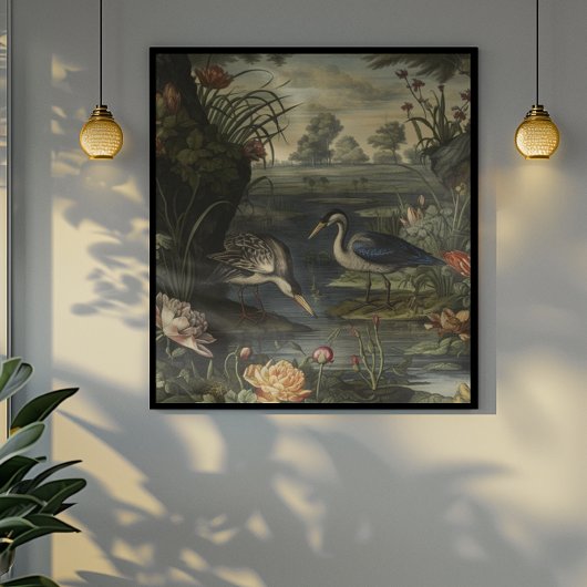 Botanische scène van blauwe kranen door een rivier poster