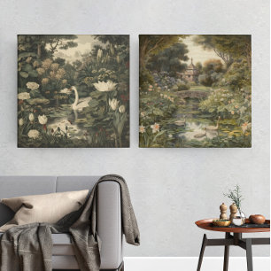 Botanische scène van een witte zwaan in een bosriv poster