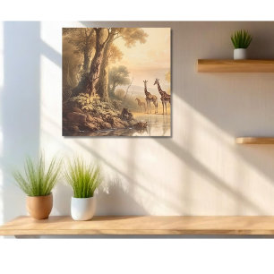 botanische scène van giraffen bij de rivier canvas afdruk