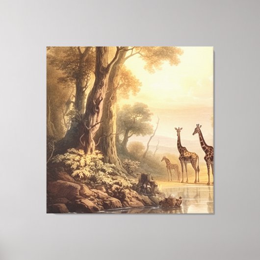 botanische scène van giraffen bij de rivier canvas afdruk (Voorkant)
