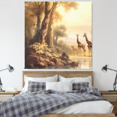  botanische scène van giraffen bij de rivier canvas afdruk (Insitu (Slaapkamer))