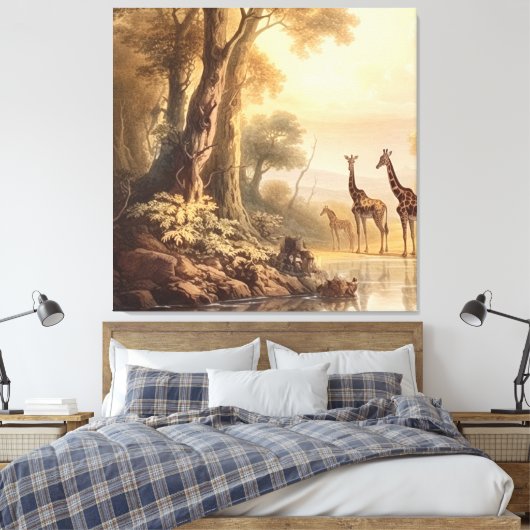  botanische scène van giraffen bij de rivier canvas afdruk (Insitu (Slaapkamer))