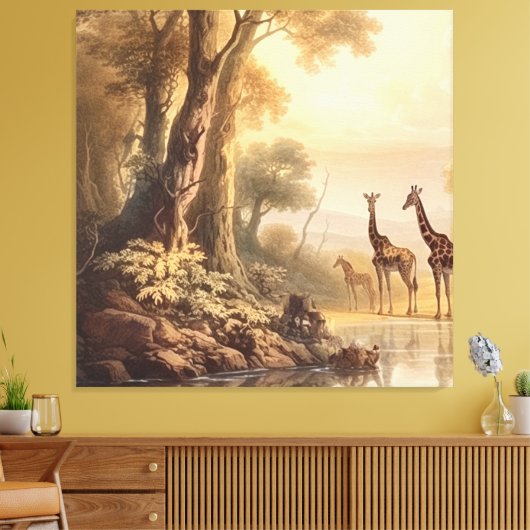  botanische scène van giraffen bij de rivier canvas afdruk (Insitu (Woonkamer))