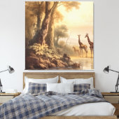 botanische scène van giraffen bij de rivier canvas afdruk (Insitu (Slaapkamer))