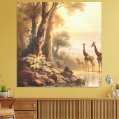 botanische scène van giraffen bij de rivier canvas afdruk (Insitu (Woonkamer))