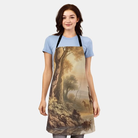  botanische scène van giraffen bij de rivier schort (Gedragen)