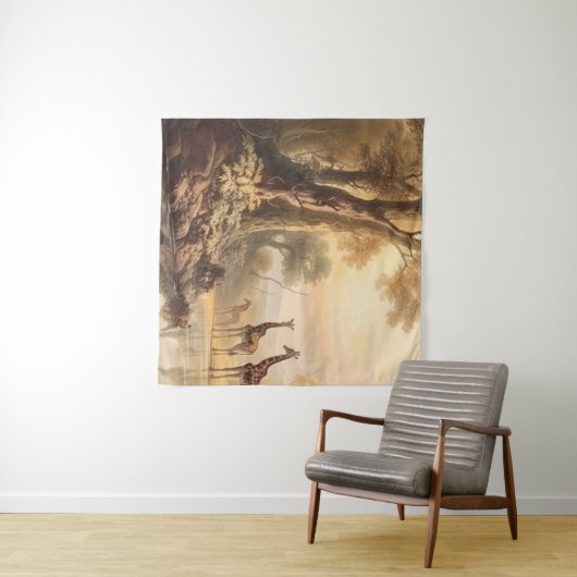  botanische scène van giraffen bij de rivier wandkleed (In Situ (horizontaal))