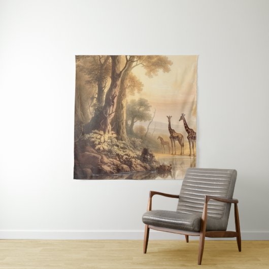 botanische scène van giraffen bij de rivier wandkleed (In situ)