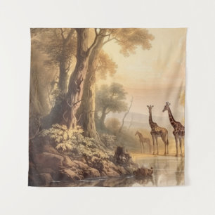  botanische scène van giraffen bij de rivier wandkleed