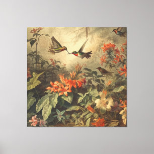  botanische scène van kolibriden en bloemen canvas afdruk