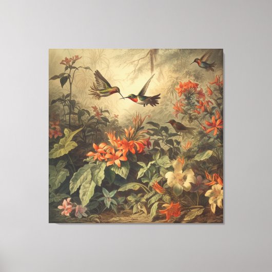  botanische scène van kolibriden en bloemen canvas afdruk (Voorkant)