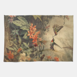  botanische scène van kolibriden en bloemen theedoek