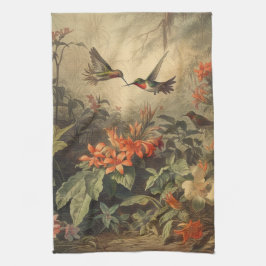  botanische scène van kolibriden en bloemen theedoek